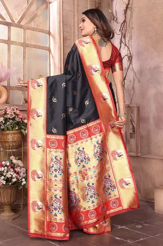Black silk blend zari weaving paithani saree with peacock border and pallu