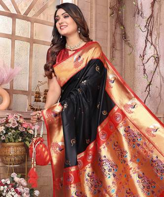Black silk blend zari weaving paithani saree with peacock border and pallu 4