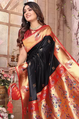 Black silk blend zari weaving paithani saree with peacock border and pallu