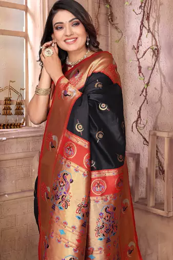 Black silk blend zari weaving paithani saree with peacock border and pallu