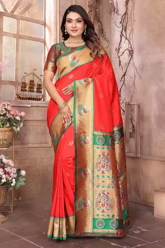 Red silk blend zari weaving paithani saree with peacock border and pallu
