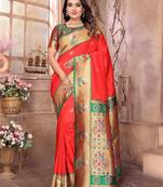 Red silk blend zari weaving paithani saree with peacock border and pallu