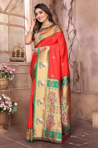 Red silk blend zari weaving paithani saree with peacock border and pallu