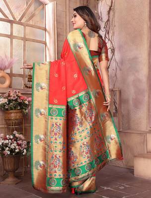 Red silk blend zari weaving paithani saree with peacock border and pallu 3