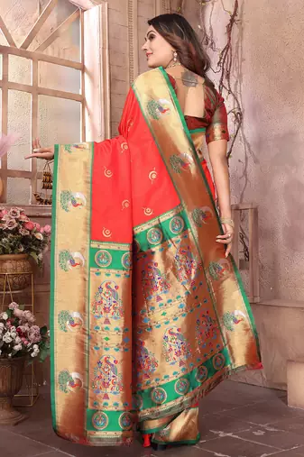 Red silk blend zari weaving paithani saree with peacock border and pallu