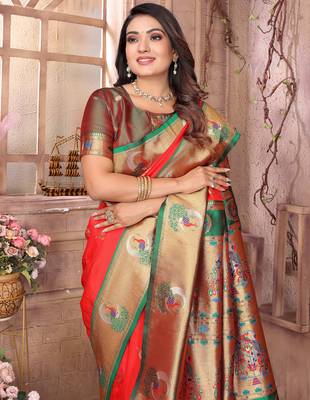 Red silk blend zari weaving paithani saree with peacock border and pallu 5