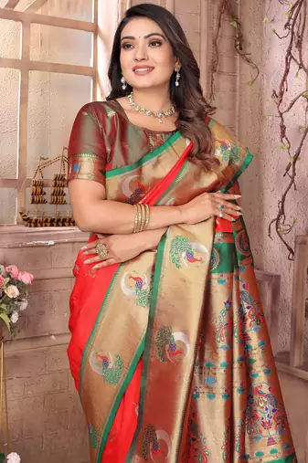 Red silk blend zari weaving paithani saree with peacock border and pallu