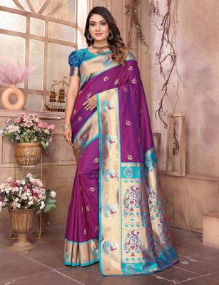 Wine silk blend zari weaving paithani saree with peacock border and pallu 1