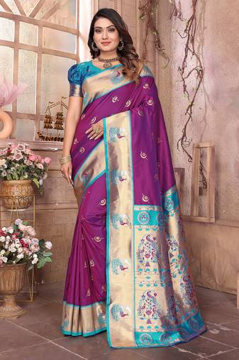Wine silk blend zari weaving paithani saree with peacock border and pallu