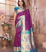Wine silk blend zari weaving paithani saree with peacock border and pallu