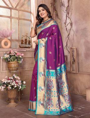 Wine silk blend zari weaving paithani saree with peacock border and pallu 2