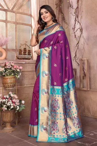 Wine silk blend zari weaving paithani saree with peacock border and pallu