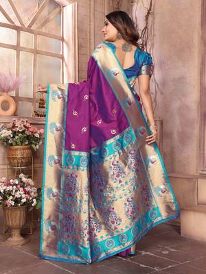 Wine silk blend zari weaving paithani saree with peacock border and pallu 3