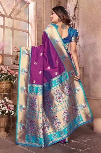 Wine silk blend zari weaving paithani saree with peacock border and pallu