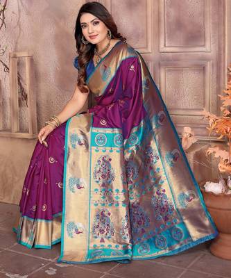 Wine silk blend zari weaving paithani saree with peacock border and pallu 4