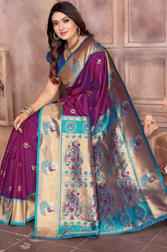 Wine silk blend zari weaving paithani saree with peacock border and pallu