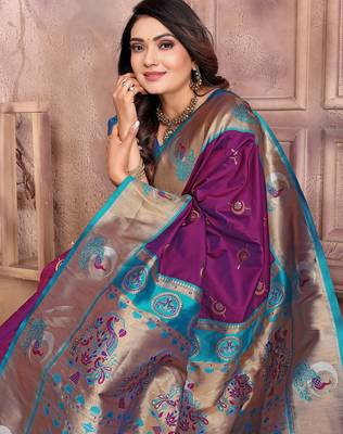 Wine silk blend zari weaving paithani saree with peacock border and pallu 5