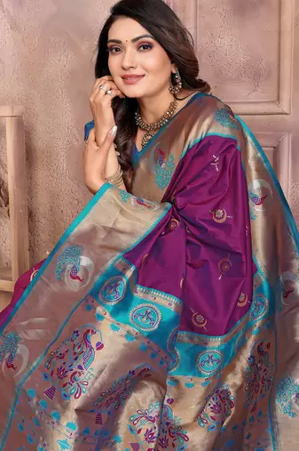 Wine silk blend zari weaving paithani saree with peacock border and pallu