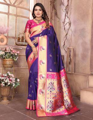 Purple silk blend zari weaving paithani saree with peacock border and pallu 1