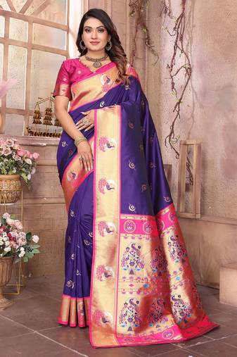 Purple silk blend zari weaving paithani saree with peacock border and pallu