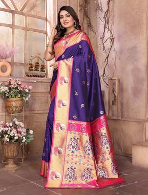 Purple silk blend zari weaving paithani saree with peacock border and pallu 2