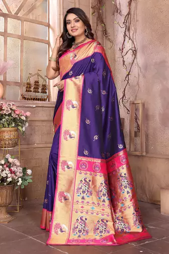 Purple silk blend zari weaving paithani saree with peacock border and pallu