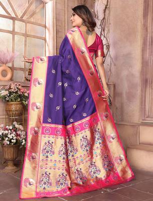 Purple silk blend zari weaving paithani saree with peacock border and pallu 3