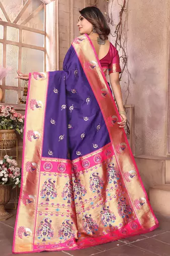 Purple silk blend zari weaving paithani saree with peacock border and pallu