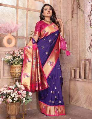 Purple silk blend zari weaving paithani saree with peacock border and pallu 4