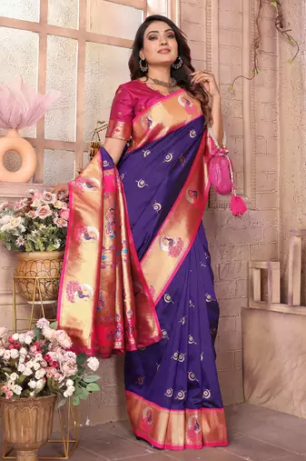 Purple silk blend zari weaving paithani saree with peacock border and pallu