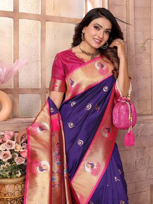 Purple silk blend zari weaving paithani saree with peacock border and pallu 5