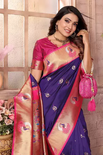 Purple silk blend zari weaving paithani saree with peacock border and pallu