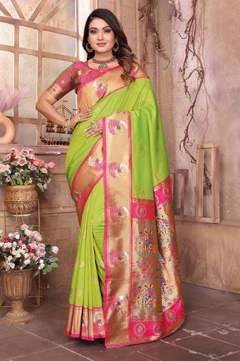 Light green silk blend zari weaving paithani saree with peacock border and pallu