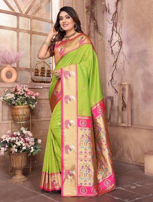 Light green silk blend zari weaving paithani saree with peacock border and pallu 2