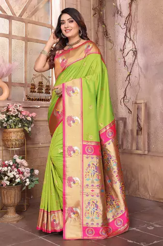 Light green silk blend zari weaving paithani saree with peacock border and pallu