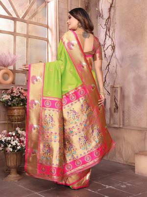 Light green silk blend zari weaving paithani saree with peacock border and pallu 3