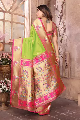Light green silk blend zari weaving paithani saree with peacock border and pallu