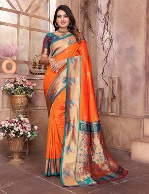 Orange silk blend zari weaving paithani saree with peacock border and pallu 1