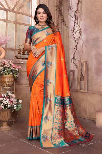 Orange silk blend zari weaving paithani saree with peacock border and pallu