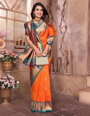 Orange silk blend zari weaving paithani saree with peacock border and pallu 3