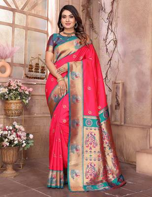 Hot pink silk blend zari weaving paithani saree with peacock border and pallu 1