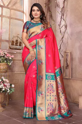 Hot pink silk blend zari weaving paithani saree with peacock border and pallu