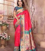 Hot pink silk blend zari weaving paithani saree with peacock border and pallu