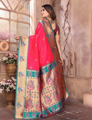 Hot pink silk blend zari weaving paithani saree with peacock border and pallu 2