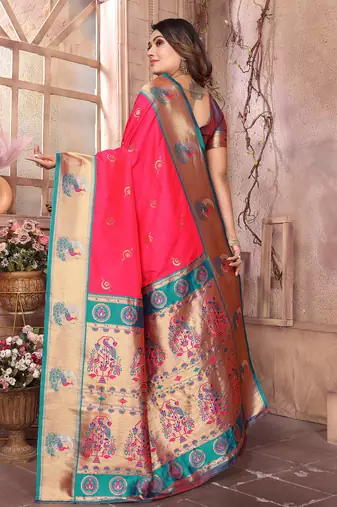 Hot pink silk blend zari weaving paithani saree with peacock border and pallu