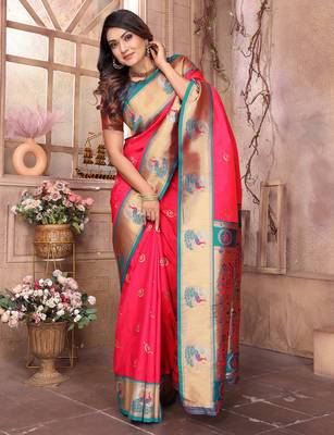 Hot pink silk blend zari weaving paithani saree with peacock border and pallu 3