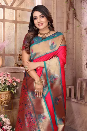 Hot pink silk blend zari weaving paithani saree with peacock border and pallu