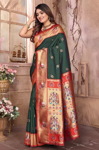 Dark green silk blend zari weaving paithani saree with peacock border and pallu