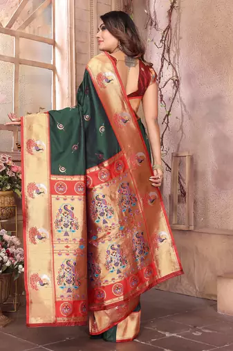 Dark green silk blend zari weaving paithani saree with peacock border and pallu
