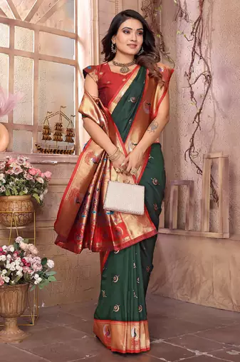 Dark green silk blend zari weaving paithani saree with peacock border and pallu